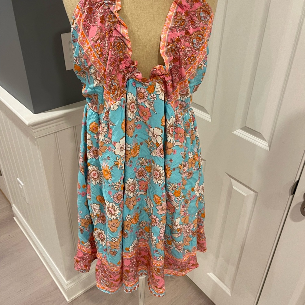 Cupshe Turquoise & Pink Floral Halter Sundress